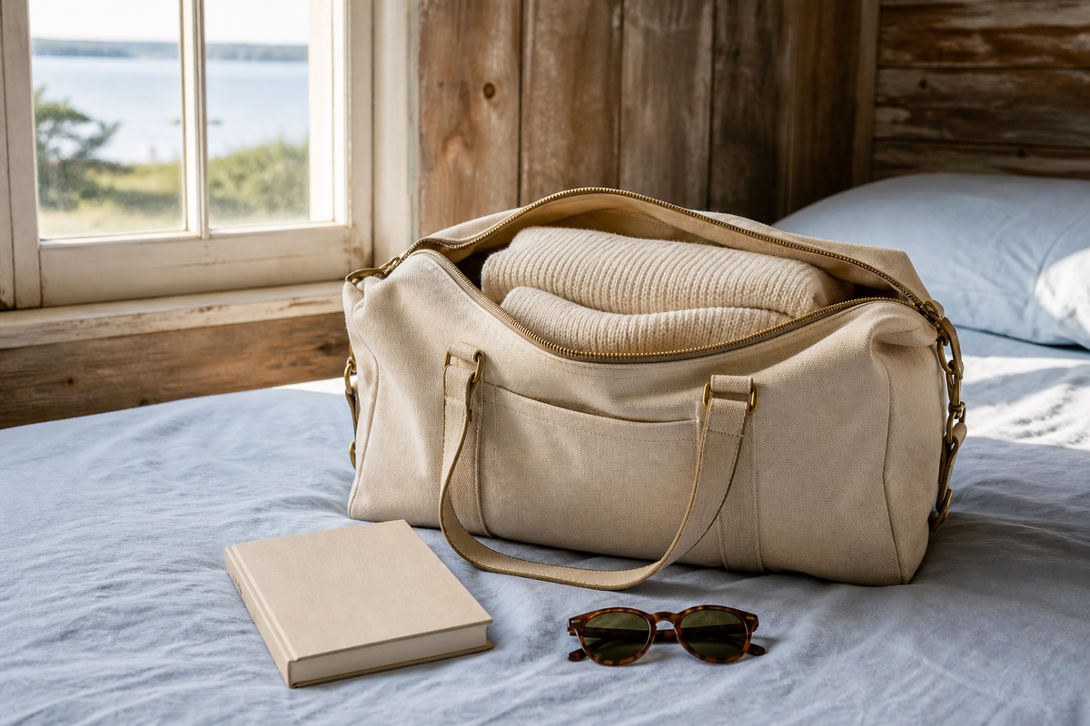 Canvas weekender bag with a cream sweater, sunglasses, and a book beside a coastal window.