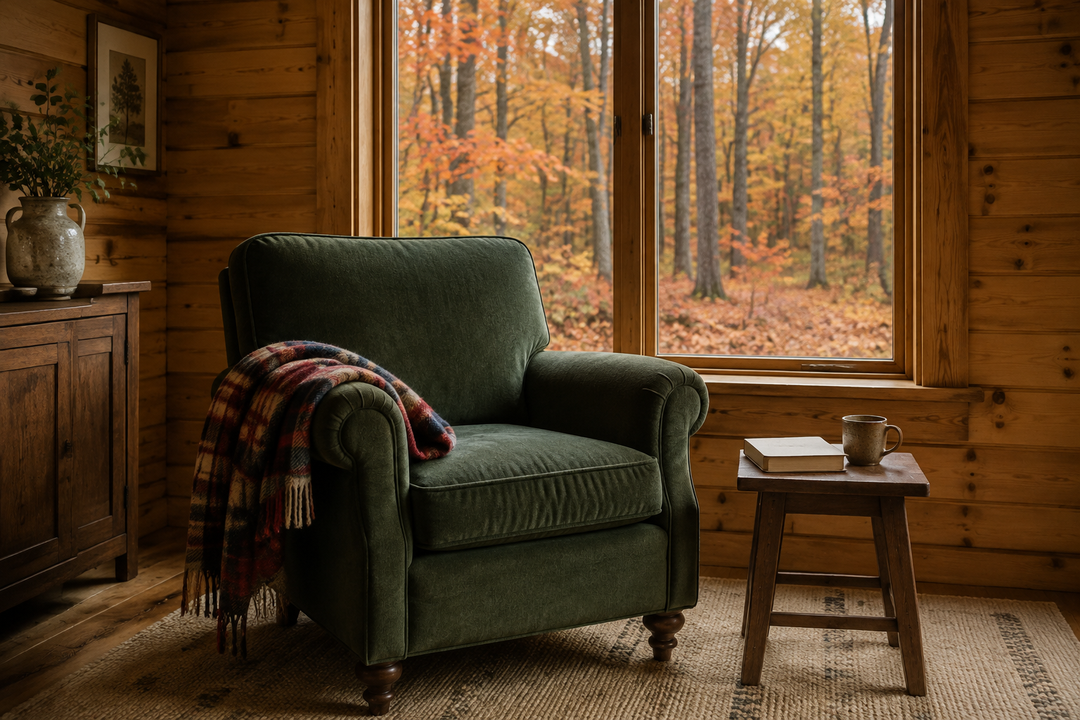 Green armchair with a plaid blanket beside a cabin window overlooking autumn trees.